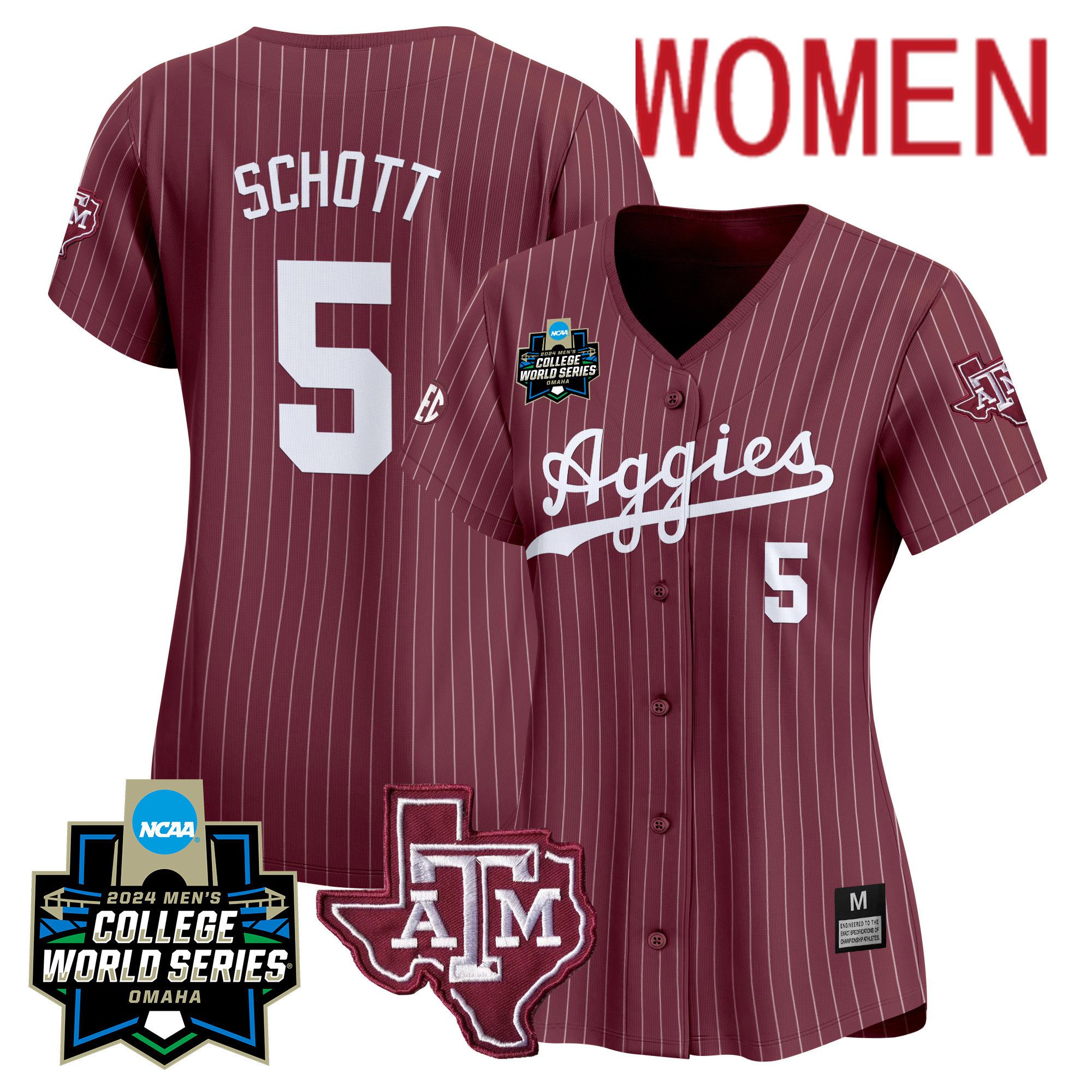 Women Texas A&M Aggies #5 Schott Red Stripe 2024 College World Series Vapor Premier Limited NCAA Jersey